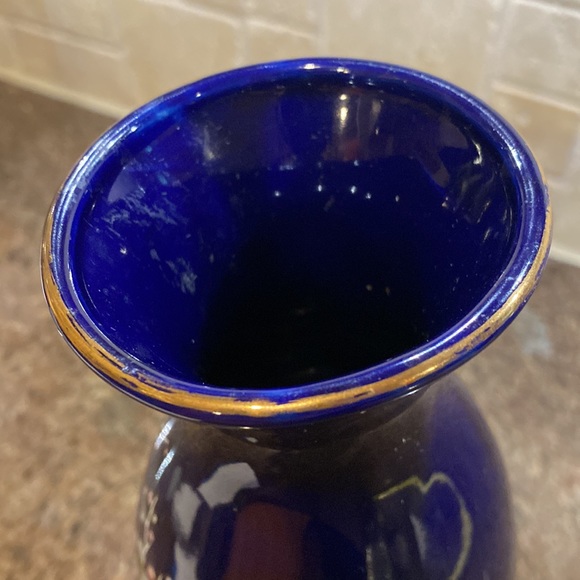 Vintage Japanese Vase Cobalt Blue With Birds & Pink Blossoms 11” Tall - Picture 4 of 4